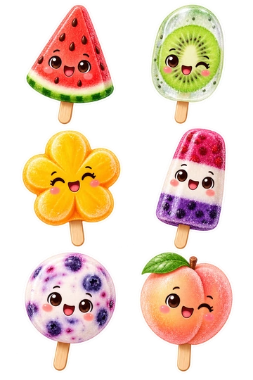 Six individual stickers: watermelon-shaped ice pop with seeds; kiwi slice frozen inside a clear oval pop; mango flower-shaped frozen pop; striped coconut berry rocket pop; round blueberry yogurt pop with berry pieces; peach-shaped sorbet pop with a leaf detail.