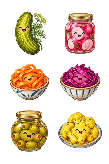 Six individual stickers: happy bumpy pickled cucumber with dill sprig attached; clear unlabelled jar of pink pickled radishes; little dish of spiral pickled carrot ribbons; purple pickled cabbage nestled in a small bowl; round jar of green olives with a blank lid; small plate of yellow pickled cauliflower florets.
