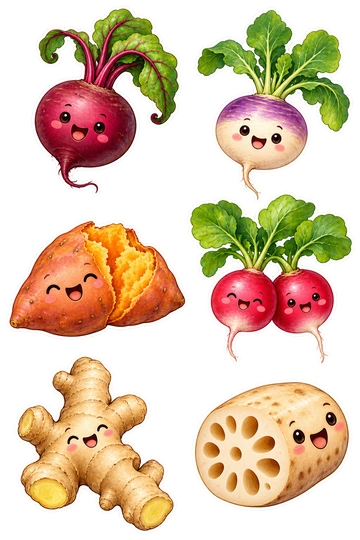 Six individual stickers: beetroot with a curled leafy top; turnip with a purple shoulder and leaves; orange sweet potato split open with fluffy center; round radish pair joined by leaves; ginger root with a little smiling face; lotus root slice with circular holes.