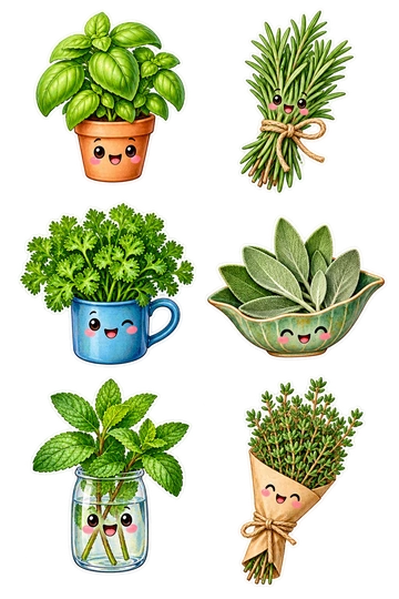 Six individual stickers: basil plant in a tiny terracotta pot; bundle of rosemary tied with kitchen twine; curly parsley bunch in a small blue mug; sage leaves gathered in a leaf-shaped dish; mint sprig standing in a small glass; thyme bouquet wrapped in plain paper.