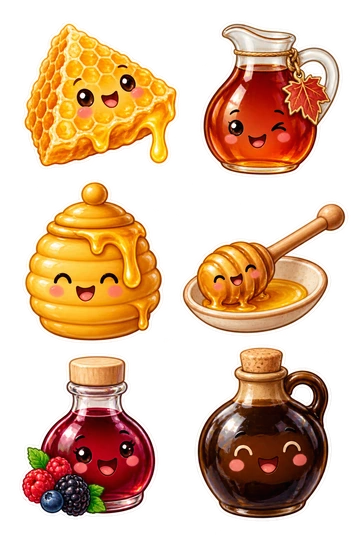 Six individual stickers: honeycomb wedge with a golden drip; maple syrup pitcher with a leaf charm; honey pot shaped like a beehive; wooden honey dipper balanced on a small saucer; little bottle of berry syrup with a blank cap; molasses jug with a round cork.