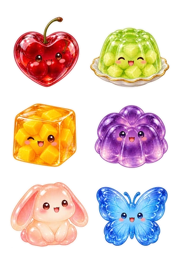Six individual stickers: ruby cherry jelly shaped like a heart; mint-green melon jelly dome on a tiny scalloped saucer; amber mango jelly cube with smiling face; lavender grape jelly shaped like a blossom; pale peach jelly rabbit with long soft ears; blue butterfly-shaped fruit jelly with delicate ridges.