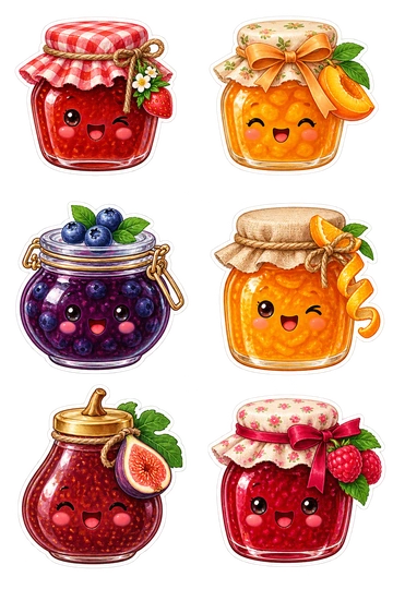 Six individual stickers: strawberry jam jar with gingham lid and berry charm; apricot preserve jar with a bow and fruit slice; blueberry compote in a round glass pot; orange marmalade jar with a twisted peel at lid; fig jam jar shaped like a tiny pear; raspberry jelly jar topped by a fabric cap.