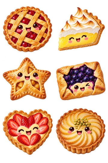 Six individual stickers: lattice-topped round cherry pie; triangular slice of lemon meringue pie; star-shaped apple hand pie; small rectangular blueberry galette; heart-shaped strawberry custard tart; golden pear tart with a fan of pear slices.