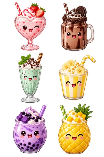 Six individual stickers: strawberry milkshake in a heart-shaped glass with berry garnish; chocolate shake in a handled mason jar with cookie rim; mint shake in a tall fluted glass with wafer; banana shake in a short striped cup with curved straw; purple taro shake in a round glass with boba pearls; mango shake in a pineapple-shaped glass.