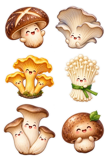 Six individual stickers: shiitake mushroom with a scored cap; oyster mushroom fan; golden chanterelle trio on one base; enoki mushroom bundle tied with chive; king oyster mushroom cut lengthwise as one joined group; round chestnut mushroom with a tiny leaf.
