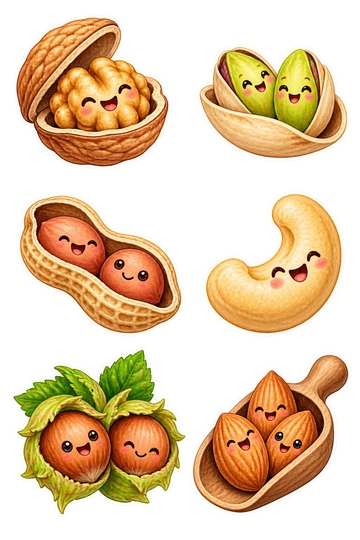 Six individual stickers: open walnut shell with a smiling kernel; pistachio pair nested in one shell-shaped dish; peanut in a split shell; cashew curl with a happy face; hazelnut pair connected by a leafy husk; almond cluster in a tiny wooden scoop.