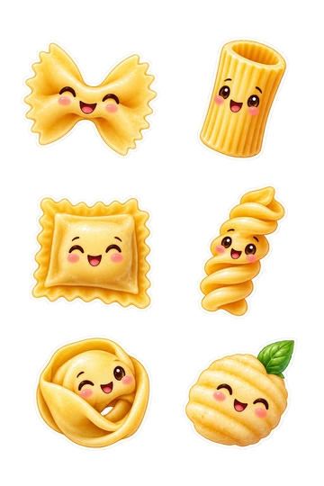 Six individual stickers: smiling oversized bow-tie farfalle pasta; ridged rigatoni tube with a happy face; stuffed square ravioli with crimped edges; spiral fusilli pasta with rosy cheeks; crescent tortellini ring with a wink; ridged gnocchi dumpling with a tiny basil leaf attached.