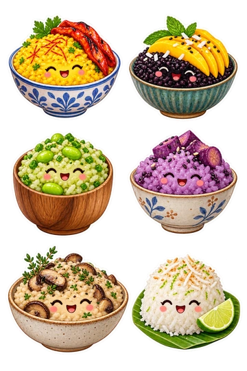 Six individual stickers: bowl of saffron rice with roasted pepper; black rice bowl topped with mango fan; green edamame rice in a wooden cup; purple sweet potato rice in a small ceramic bowl; mushroom risotto bowl with thyme; coconut rice molded into a little dome with lime.