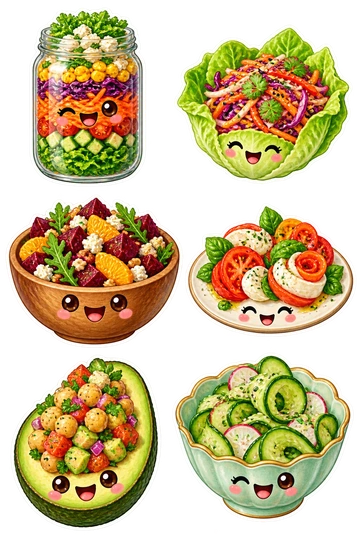 Six individual stickers: glass jar layered with colorful chopped salad; lettuce cup holding a rainbow slaw; wooden bowl of beet and orange salad; small plate of tomato and mozzarella rosettes; avocado half filled with chickpea salad; cucumber ribbon salad curled inside a scalloped bowl.