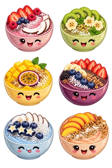 Six individual stickers: pink berry smoothie bowl with coconut crescent; green kiwi smoothie bowl with banana flowers; golden mango bowl with passion fruit center; purple acai bowl with strawberry fan; pale blue coconut bowl with blueberry stars; peach smoothie bowl with toasted oat rim.