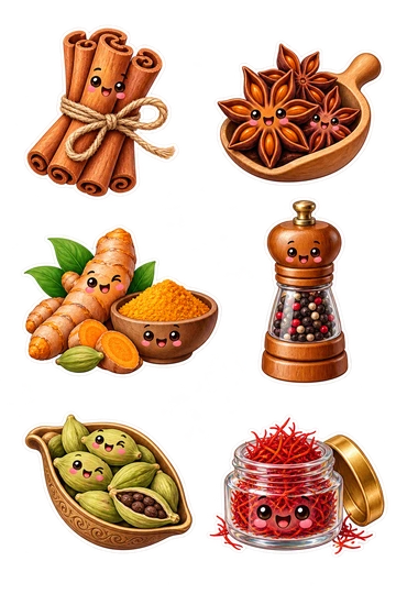 Six individual stickers: cinnamon sticks tied in a bow; star anise cluster in a small scoop; turmeric root beside a small powder bowl as one group; peppercorn grinder with a blank body; cardamom pods in an open seed-shaped dish; saffron threads in a tiny round jar.