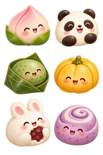 Six individual stickers: pink peach-shaped sweet bun; panda-shaped steamed bun; leaf-wrapped green mugwort bun; golden pumpkin-shaped steamed bun; white rabbit bun with red bean filling peeking out; purple spiral taro bun.