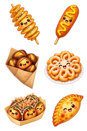 Six individual stickers: spiral potato on a short skewer; golden corn dog with zigzag mustard; paper cone holding roasted chestnuts; flower-shaped funnel cake on a tiny plate; round takoyaki balls clustered in one paper boat; stuffed empanada with a crimped edge.