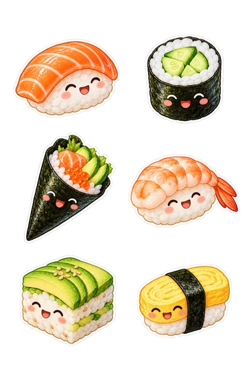 Six individual stickers: smiling salmon nigiri with a neatly curved salmon top; round cucumber maki with dark nori edge; triangular salmon hand roll with filling peeking out; oval shrimp nigiri with a curved pink shrimp; square pressed avocado sushi with layered rice; tiny golden egg nigiri tied with a nori strip.
