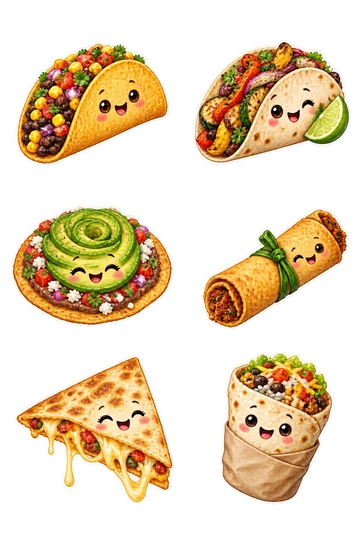 Six individual stickers: crispy taco shell filled with colorful beans and corn; soft folded taco with grilled vegetables and lime attached; small round tostada with avocado rose; rolled taquito tied with one green onion ribbon; triangular quesadilla with stretchy cheese connected to its corner; tiny smiling burrito wrapped halfway in plain paper.
