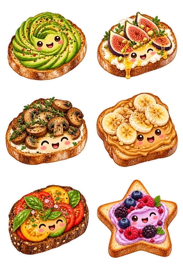 Six individual stickers: avocado rose on oval sourdough toast; honey ricotta toast with figs; mushroom toast with thyme; peanut butter toast with banana slices; tomato basil toast on rye; purple berry cream on star-shaped toast.