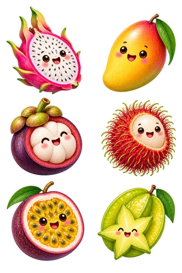 Six individual stickers: cut dragon fruit half with pink peel and speckled flesh; smiling whole mango with a rosy golden side; purple mangosteen opened to reveal white segments; fuzzy red rambutan with one peeled opening; round passion fruit half with golden seed-filled center; green starfruit with one star-shaped slice attached.