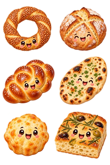 Six individual stickers: ring of sesame simit bread; round scored Irish soda bread; braided challah loaf; oval naan with charred spots; small fluted Brazilian cheese puff; square focaccia with rosemary and olives.