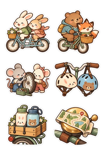 Six friendship stickers: two rabbits on a tandem bike; bear giving a fox a ride in bike basket; two mice repairing one wheel; two helmets hanging on joined handlebars; paired water bottles in a tiny bike crate; shared route map wrapped around a bicycle bell.
