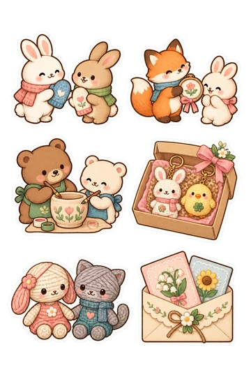 Seis pegatinas de amistad: conejos intercambiando manoplas hechas a mano; zorro regalando un pequeño aro bordado; dos osos pintando una olla de cerámica; caja que contiene dos llaveros hechos a mano; muñecas de hilo entrelazadas tomadas de la mano; dos tarjetas decoradas escondidas en un sobre.