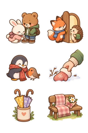 Six friendship stickers: rabbit tying a bear's shoelace; fox holding a door for a hedgehog; penguin offering its scarf to a robin; hand returning a dropped mitten; two umbrellas sharing one stand; little bench with a blanket and gift flower.