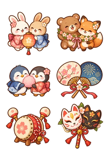 Six friendship stickers: two rabbits holding one paper lantern; bear and fox wearing joined flower garlands; penguins sharing a festival sweet; two decorated fans crossed with ribbon; little drum with two connected mallets; pair of carnival masks on one stick.