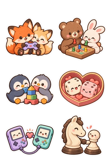 Six friendship stickers: two foxes holding a shared controller; bear and bunny playing a tiny boardgame; penguins building one block tower; two dice nestled in a heart tray; pair of handheld consoles linked by a cable; chess knight and pawn holding hands.