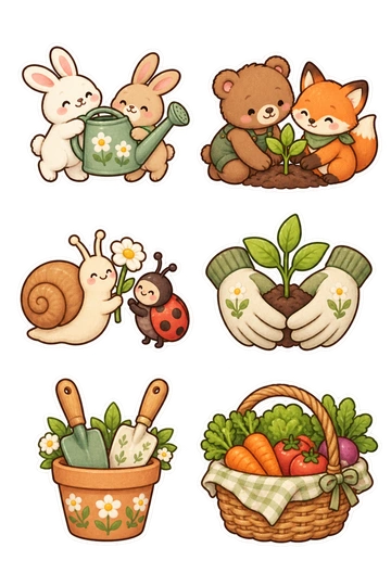 Six friendship stickers: two rabbits lifting a watering can; bear and fox planting one seedling; snail giving a flower to a ladybug; two gardening gloves holding a sprout; pair of trowels resting in a flowerpot; shared basket filled with garden vegetables.