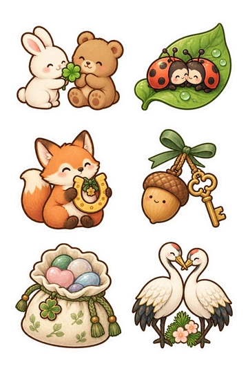 Six friendship stickers: rabbit giving a clover to a bear; two ladybugs nestled on one leaf; fox holding a lucky horseshoe; acorn charm tied to a small key; little bag of smooth wishing stones; paired ceramic cranes touching beaks.