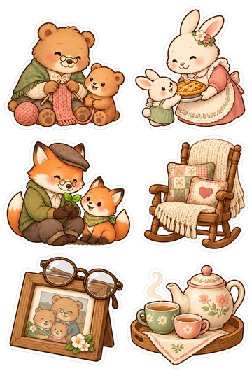 Six friendship stickers: elder bear knitting beside a cub; grandmother rabbit offering a pie; elder fox showing a seedling to young fox; rocking chair with two patchwork cushions; pair of glasses resting on a family-photo frame; teapot with two different sized cups on one tray.