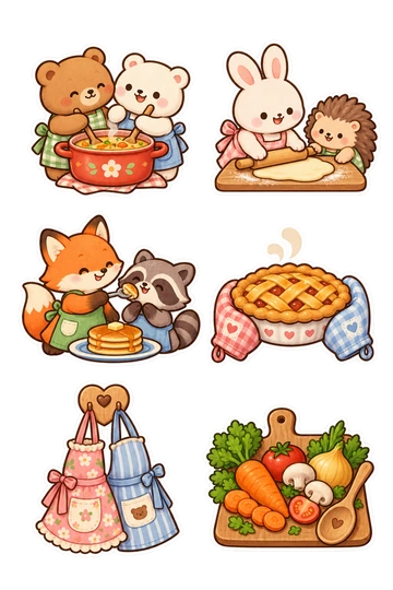 Six friendship stickers: two bears stirring one soup pot; rabbit rolling dough with a hedgehog; fox feeding a pancake to a raccoon; two oven gloves holding one pie; pair of aprons hanging on a heart hook; shared chopping board with vegetables and spoon.