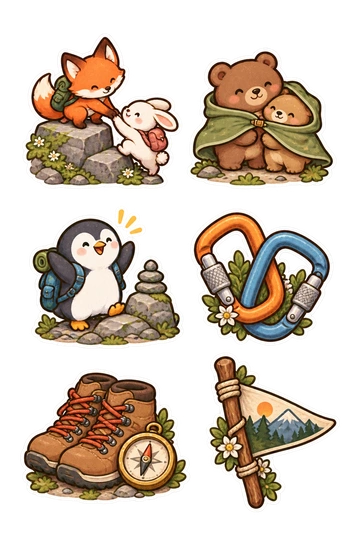 Six autocollants d'amitié: renard tirant lapin sur un rocher; deux ours partageant une cape de randonnée; pingouin acclamant à côté d'un petit cairn au sommet; deux mousquetons d'escalade imbriqués; paire de bottes de randonnée à côté d'une boussole; fanion de montagne enroulé autour d'un bâton de marche.
