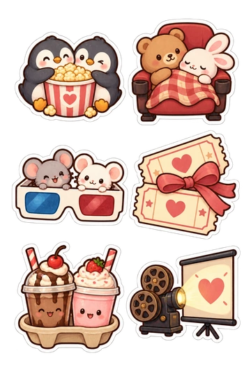 Six friendship stickers: two penguins sharing a popcorn tub; bear and bunny tucked in one cinema seat; two mice peeking through one pair of 3D glasses; pair of blank tickets tied with ribbon; two milkshakes in one carry tray; projector casting a heart onto its attached screen.