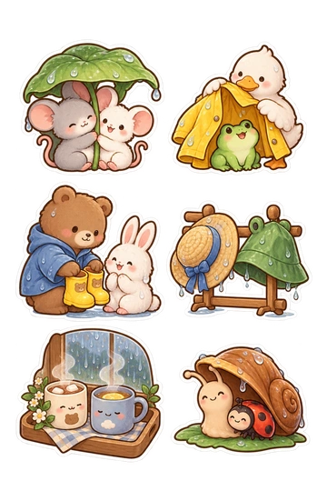 Six friendship stickers: two mice huddled under one leaf umbrella; duck holding a raincoat over a frog; bear lending boots to a rabbit; two wet hats drying on one rack; pair of steaming mugs on a rainy-window tray; snail sharing its shell awning with a ladybug.