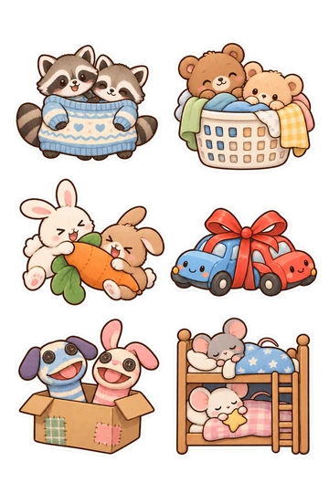 Six friendship stickers: two raccoons sharing one oversized sweater; bear siblings hiding in a laundry basket; two bunnies wrestling a plush carrot; paired toy cars tied to one gift ribbon; two sock puppets peeking from a box; shared bunk bed holding two sleepy mice.