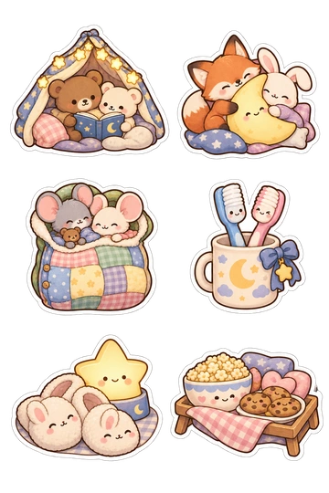 Six autocollants d'amitié: deux ours lisant sous une tente couverture; renard et lapin étreignant un oreiller de lune; deux souris partageant un sac de couchage en patchwork; brosses à dents jumelées debout dans une tasse; deux pantoufles appuyées contre une veilleuse; pop-corn et biscuits disposés dans un plateau de lit partagé.