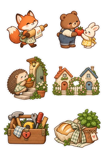 Six friendship stickers: fox returning a borrowed rolling pin; bear gifting a garden tomato to bunny; hedgehog carrying a basket up a tiny doorstep; two houses linked by a flower fence; shared toolbox with a heart latch; fresh loaf wrapped with a potted herb.