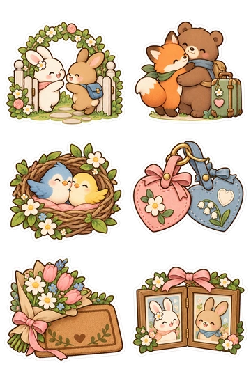 Six friendship stickers: rabbits meeting at a tiny garden gate; fox and bear hugging beside a suitcase; two birds reuniting inside one nest; pair of heart luggage tags linked together; bouquet resting against a welcome mat with no words; shared frame containing two illustrated portraits.