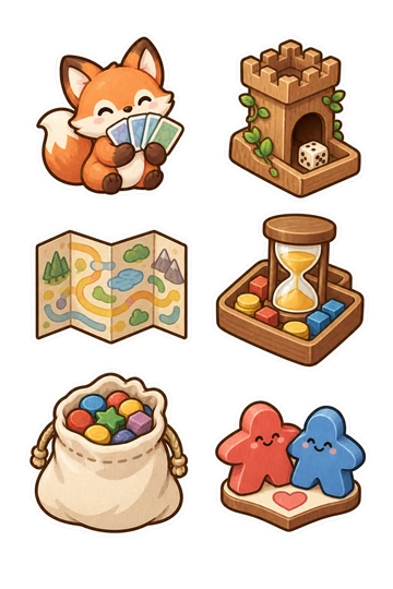 Seis pegatinas nocturnas de juegos de mesa: zorro sosteniendo un puñado de cartas con respaldo en blanco; torre de dados de madera con dados en la base; tablero de juego doblado con caminos abstractos; reloj de arena ubicado dentro de la bandeja de puntuación; bolsa de tela llena de coloridos mostradores; dos meeples unidos por una pequeña base de corazón.