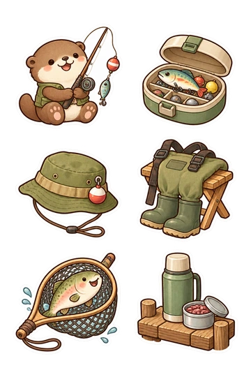 Six autocollants tranquilles de pêche: loutre tenant une canne à pêche avec ligne en boucle; boîte ronde avec leurre à l'intérieur; chapeau de pêche avec flotteur attaché; échassiers pliés sur un tabouret; filet de débarquement berçant un poisson heureux; thermos et boîte à appâts sur une petite base de quai.