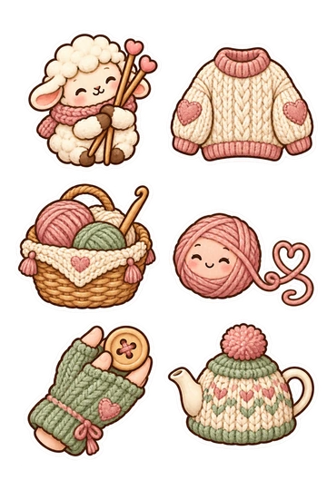 Six knitting nook stickers: round sheep hugging knitting needles; knitted sweater with heart elbows; basket holding yarn and crochet hook; wool ball trailing a connected loop; fingerless mitten holding a button; knitted teapot cozy with pompom.