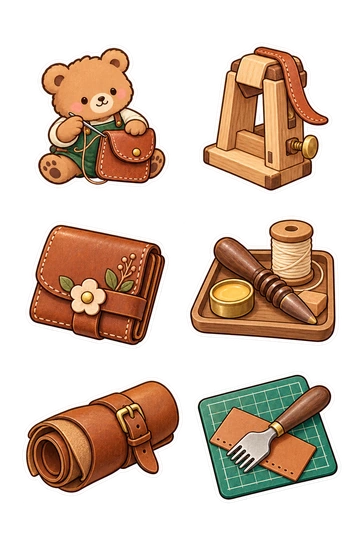 Six leather crafter stickers: bear stitching a small leather pouch; wooden stitching pony with strap; leather wallet with flower clasp; edge burnisher and thread on one tray; rolled leather secured by a belt; punch tool resting across a cutting mat.