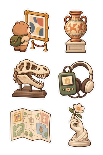 Six museum wanderer stickers: bear gazing at framed abstract art; ancient vase on small pedestal; dinosaur skull replica on a stand; audio guide with connected headphones; folded map showing galleries without writing; sculpture of a hand holding a flower.