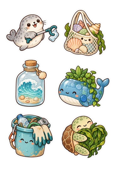 Six ocean advocate stickers: seal carrying a litter-grabber tool; reusable mesh bag filled with shells; glass bottle holding a tiny clean wave; recycled-plastic whale planter; cleanup bucket with attached gloves; turtle hugging a seaweed heart.