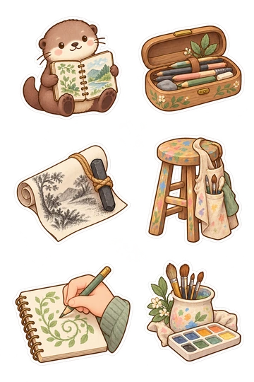 Six sketchbook days stickers: otter holding an open sketchbook; wooden pencil case with pencils inside; pastel kneaded eraser resting on a drawing; painted artist stool with apron; paper roll with attached charcoal stick; hand drawing a leafy spiral.