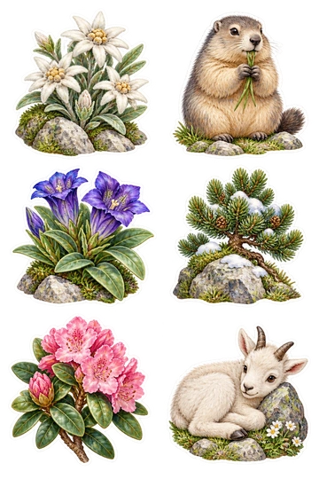 Six nature stickers: edelweiss flowers growing from one rocky clump; rounded alpine marmot holding a grass blade; purple mountain gentian with broad leaves; miniature snow-dusted alpine pine on a rock base; pink alpine rhododendron sprig; mountain goat kid curled beside a tiny boulder as one sticker.