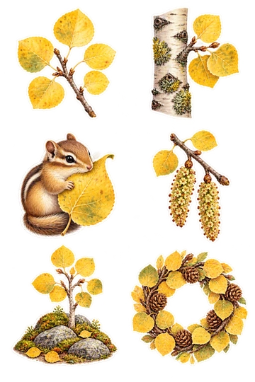 Six autocollants de nature : une branche de tremble avec cinq feuilles rondes dorées ; un morceau de tronc de tremble blanc avec des feuilles dorées et de la mousse ; un petit tamia serrant une feuille jaune enroulée ; deux délicats chatons de tremble sur une branche ; un minuscule jeune tremble sur un monticule rocheux couvert de mousse ; une couronne tressée de feuilles jaunes de tremble et de petites pommes de pin.