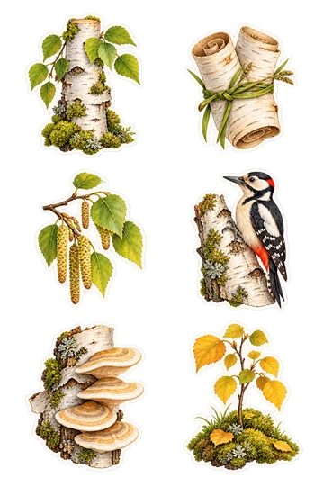 Six nature stickers: short white birch trunk with green leaves and moss; pair of curled birch bark rolls tied with grass; small birch catkin branch with delicate leaves; woodpecker perched on a birch log; cluster of tan bracket fungi growing from a white bark slab; tiny birch sapling with golden leaves on a moss mound.