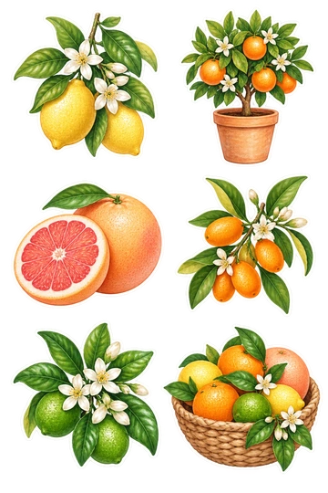 Six autocollants nature: branche de citron avec deux citrons mûrs et fleurs blanches; petit oranger poussant dans un pot en terre cuite; pamplemousse rose à moitié appuyé contre un fruit entier avec feuille; brindille de kumquat avec peu de fruits orange ovales; branche de fleur de lime avec des feuilles vertes brillantes; bol tissé contenant des agrumes mélangés et des feuilles attachées.